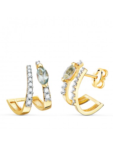 18K PENDIENTES ORO AMARILLO BANDAS CON CIRCONITA Y TOPACIO AZUL 15 X 11MM PRESION