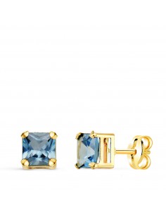 18K PENDIENTES ORO AMARILLO CUADRADOS PIEDRA COLOR AGUAMARINA 5 5 X 5 5 MM. CIERRE PRESION