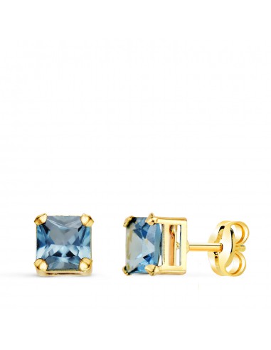 18K PENDIENTES ORO AMARILLO CUADRADOS PIEDRA COLOR AGUAMARINA 5 5 X 5 5 MM. CIERRE PRESION