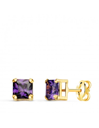 18K PENDIENTES ORO AMARILLO CUADRADOS PIEDRA COLOR AMATISTA 5 5 X 5 5 MM. CIERRE PRESION
