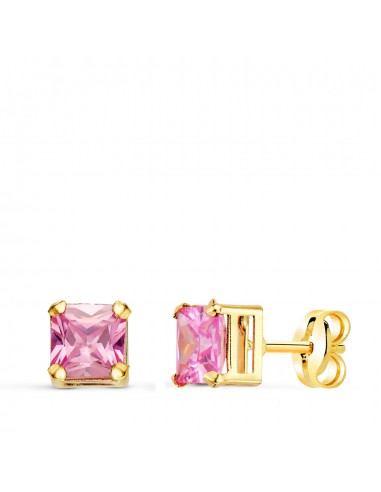 18K PENDIENTES ORO AMARILLO CUADRADOS PIEDRA COLOR ROSA 5 5 X 5 5 MM. CIERRE PRESION