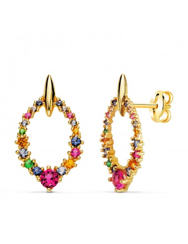 18K PENDIENTES ORO AMARILLO OVALES CON CIRCONITA MULTICOLOR REDONDAS 19 X 11 MM. CIERRE PRESION