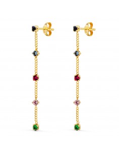 18K PENDIENTES ORO AMARILLO LARGOS CON CADENA Y CIRCONITA COLORES 39 MM. CIERRE PRESION