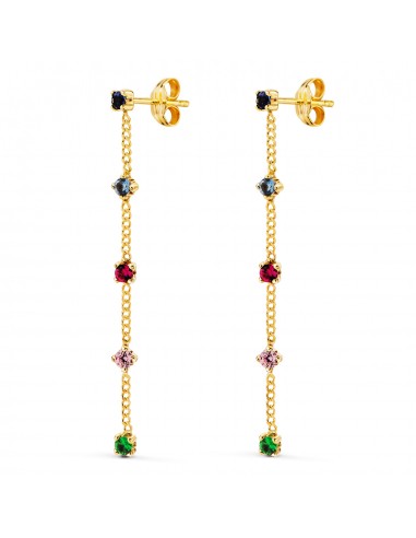 18K PENDIENTES ORO AMARILLO LARGOS CON CADENA Y CIRCONITA COLORES 39 MM. CIERRE PRESION