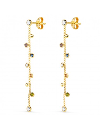 18K PENDIENTES ORO AMARILLO LARGOS CON CADENA Y CIRCONITA COLORES 45 MM. CIERRE PRESION