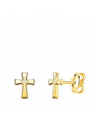18K PENDIENTES ORO AMARILLO CRUZ EN BRILLO 6 X 4 5 MM. CIERRE PRESION