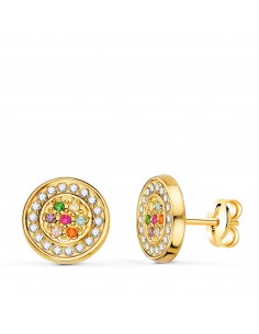 18K PENDIENTES ORO AMARILLO REDONDOS CON CIRCONITA MULTICOLOR 9 MM. CIERRE PRESION
