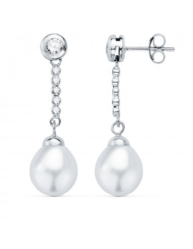 18K PENDIENTES ORO BLANCO PERLA Y CHATON CON CIRCONITA 30X8MM PRESION