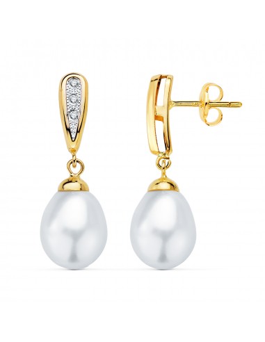 18K PENDIENTES ORO BICOLOR DOS CUERPOS CON PERLAS Y CIRCONITA 25 X 9MM PRESION