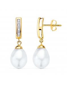 18K PENDIENTES ORO BICOLOR DOS CUERPOS CON PERLAS Y CIRCONITA 25 X 9MM PRESION