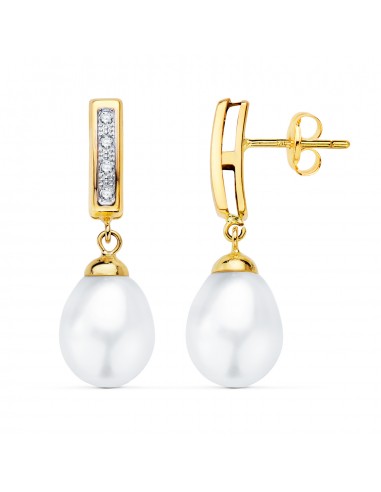 18K PENDIENTES ORO BICOLOR DOS CUERPOS CON PERLAS Y CIRCONITA 25 X 9MM PRESION