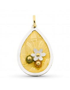 18K COLGANTE ORO BICOLOR OVAL CON FLOR Y PIEDRAS COLOR 44 X 29 MM