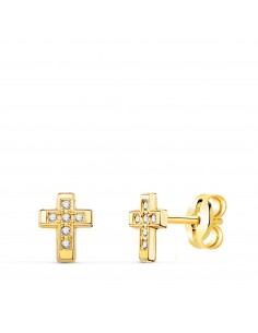 18K PENDIENTES ORO AMARILLO CRUZ CON CIRCONITA 6 5 X 5 MM  CIERRE PRESION