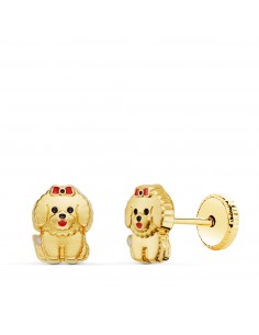 18K PENDIENTES ORO AMARILLO PERRO MATIZADO DETALLES ESMALTADOS CIERRE TUERCA 6 X 5 MM
