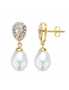 18K PENDIENTES ORO BICOLOR DOS CUERPOS CON PERLAS Y CIRCONITA 25 X 8MM PRESION