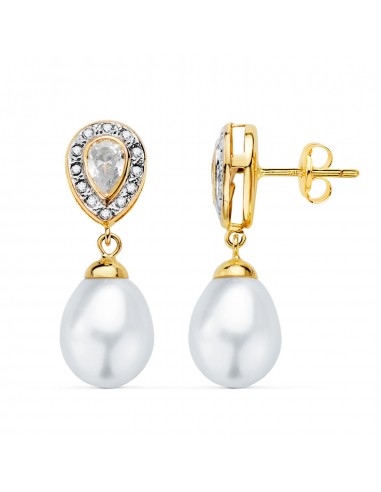 18K PENDIENTES ORO BICOLOR DOS CUERPOS CON PERLAS Y CIRCONITA 25 X 8MM PRESION
