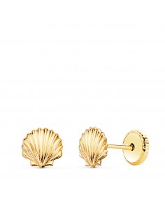 18K PENDIENTES ORO AMARILLO CONCHA BRILLO 6 X 5 5 MM. CIERRE TUERCA