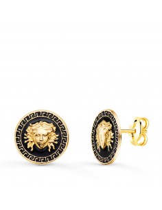 18K PENDIENTES ORO AMARILLO MEDUSA Y BORDE DE GRECA ESMALTE NEGRO. ANCHO: 12 MM. CIERRE PRESION