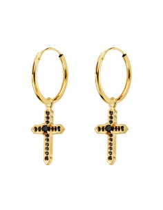 18K AROS ORO AMARILLO TUBO CON COLGANTE CRUZ CIRCONITA NEGRAS 17X12 MM ARO 14X1 MM