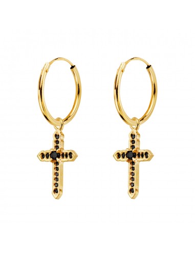 18K AROS ORO AMARILLO TUBO CON COLGANTE CRUZ CIRCONITA NEGRAS 17X12 MM ARO 14X1 MM