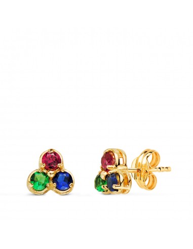 18K PENDIENTES ORO AMARILLO TREBOL PIEDRAS COLORES 7 X 6 5 MM CIERRE PRESION