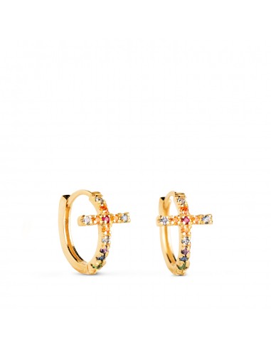 18K AROS ORO AMARILLO CRUZ CON CIRCONITAS COLORES. MEDIDA: 11 X 7 MM. CIERRE DE CLIP