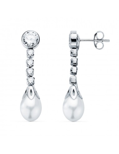 18K PENDIENTES ORO BLANCO PERLA Y CHATON CON CIRCONITA 27 X 6.5MM. CIERRE PRESION