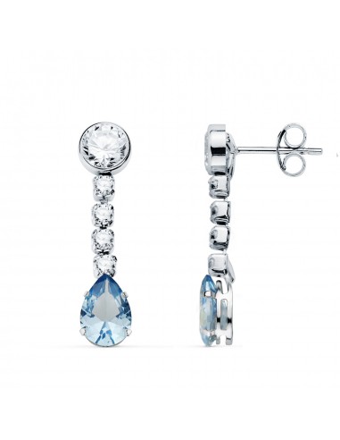 18K PENDIENTES ORO BLANCO AGUA MARINA EN FORMA DE GOTA Y CIRCONITAS. 22X5 MM. CIERRE PRESION