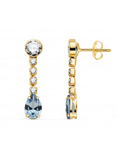 18K PENDIENTES ORO AMARILLO AGUAMARINA EN FORMA DE GOTA Y CIRCONITAS. 22X5 MM. CIERRE PRESION