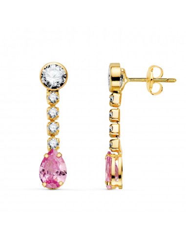 18K PENDIENTES ORO AMARILLO CIRCONITA ROSA EN FORMA DE GOTA Y CIRCONITAS. 22X5 MM. CIERRE PRESION