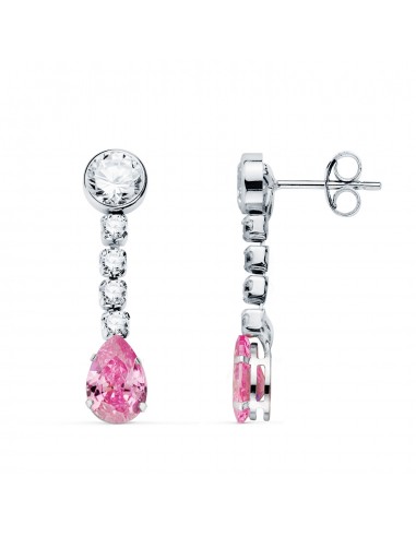 18K PENDIENTES ORO BLANCO PIEDRA ROSA GOTA Y CIRCONTIAS. 22X5 MM. CIERRE PRESION