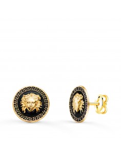 18K PENDIENTES ORO AMARILLO MEDUSA Y BORDE DE GRECA ESMALTE NEGRO. ANCHO: 10 MM. CIERRE PRESION