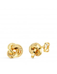 18K PENDIENTES ORO AMARILLO TRES AROS CON GRECA 8 X 8 MM. CIERRE PRESION