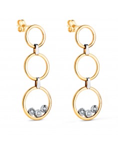 18K PENDIENTES ORO BICOLOR LARGOS TRES AROS CON CIRCONITAS. MEDIDA: 34 X 11 MM. CIERRE PRESION