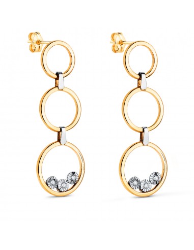 18K PENDIENTES ORO BICOLOR LARGOS TRES AROS CON CIRCONITAS. MEDIDA: 34 X 11 MM. CIERRE PRESION