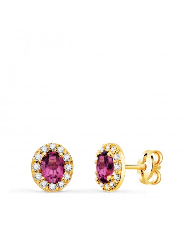 18K PENDIENTES ORO AMARILLO PIEDRA OVAL AMATISTA Y CIRCONITAS. 6 5 X 5 5 MM. CIERRE PRESION