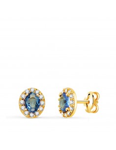 18K PENDIENTES ORO AMARILLO PIEDRA OVAL AZUL Y CIRCONITAS. 6 5 X 5 5 MM. CIERRE PRESION