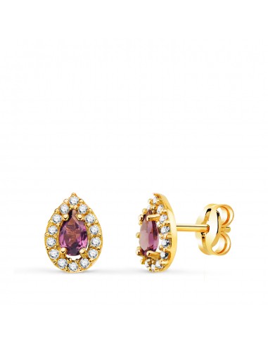 18K PENDIENTES ORO AMARILLO PIEDRA GOTA AMATISTA Y CIRCONITAS. 8 5 X 6 MM. CIERRE PRESION