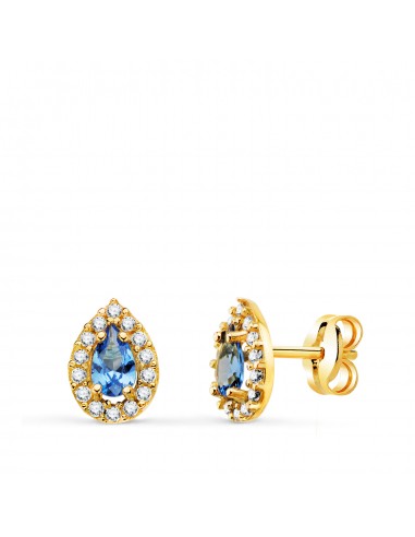 18K PENDIENTES ORO AMARILLO PIEDRA GOTA AZUL Y CIRCONITAS. 8 5 X 6 MM. CIERRE PRESION
