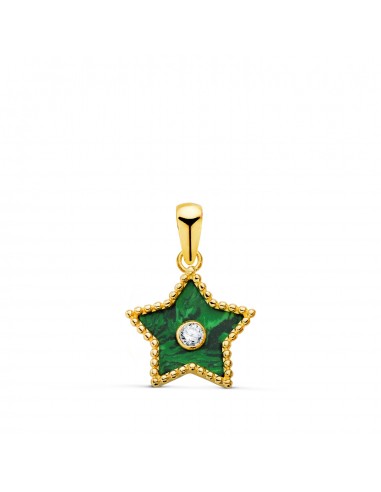 18K COLGANTE AMULETO ORO AMARILLO ESTRELLA CERCO BOLITAS Y MALAQUITA CON CIRCONITA 12X11 MM.