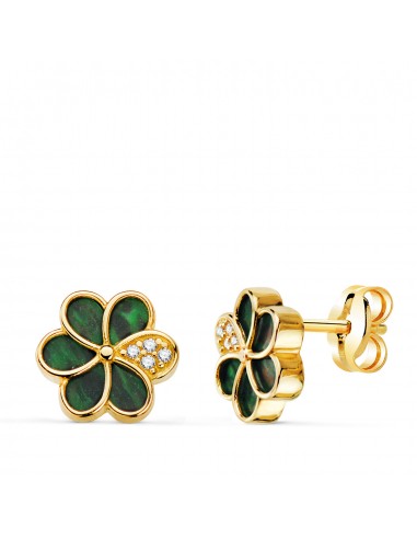 18K PENDIENTES ORO AMARILLO FLOR CON PETALOS DE MALAQUITA Y CIRCONITA 8 5 X 8 5 MM. CIERRE PRESION