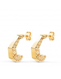 18K PENDIENTES ORO AMARILLO AROS HUECOS DISEÑO CALADO. MEDIDA: 14 X 3 5 MM. CIERRE PRESION