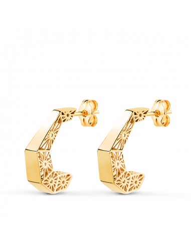 18K PENDIENTES ORO AMARILLO AROS HUECOS DISEÑO CALADO. MEDIDA: 14 X 3 5 MM. CIERRE PRESION