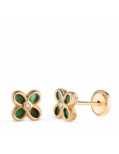 18K PENDIENTES ORO AMARILLO TREBOL MALAQUITA CON CIRCONITA. MEDIDA: 7 X 5 5MM. CIERRE TUERCA