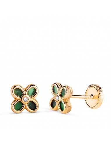 18K PENDIENTES ORO AMARILLO TREBOL MALAQUITA CON CIRCONITA. MEDIDA: 7 X 5 5MM. CIERRE TUERCA