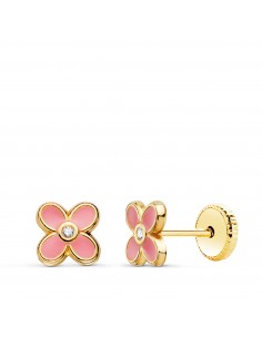 18K PENDIENTES ORO AMARILLO TREBOL ESMALTE ROSA 6X6 MM. CIERRE TUERCA