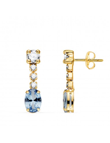 18K PENDIENTES ORO AMARILLO AGUAMARINA EN FORMA OVAL Y CIRCONITAS. 20X5 MM. CIERRE PRESION