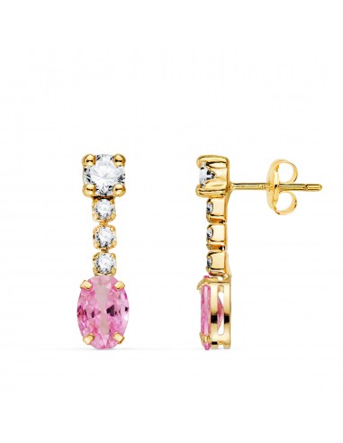 18K PENDIENTES ORO AMARILLO CIRCONITA ROSA EN FORMA OVAL Y CIRCONITAS. 20X5 MM. CIERRE PRESION