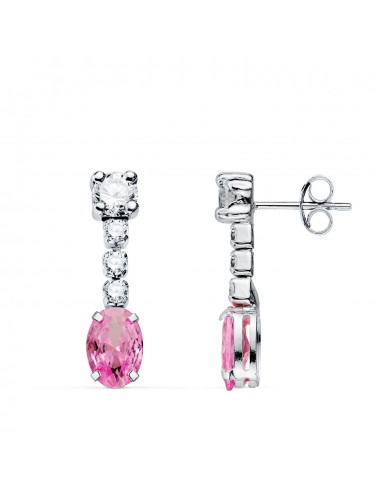 18K PENDIENTES ORO BLANCO CIRCONITA ROSA EN FORMA OVAL Y CIRCONITAS. 20X5 MM. CIERRE PRESION