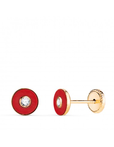 18K PENDIENTES ORO AMARILLO REDONDOS CORAL SINTETICO CON CIRCONITA. MEDIDA: 5 5MM. CIERRE TUERCA
